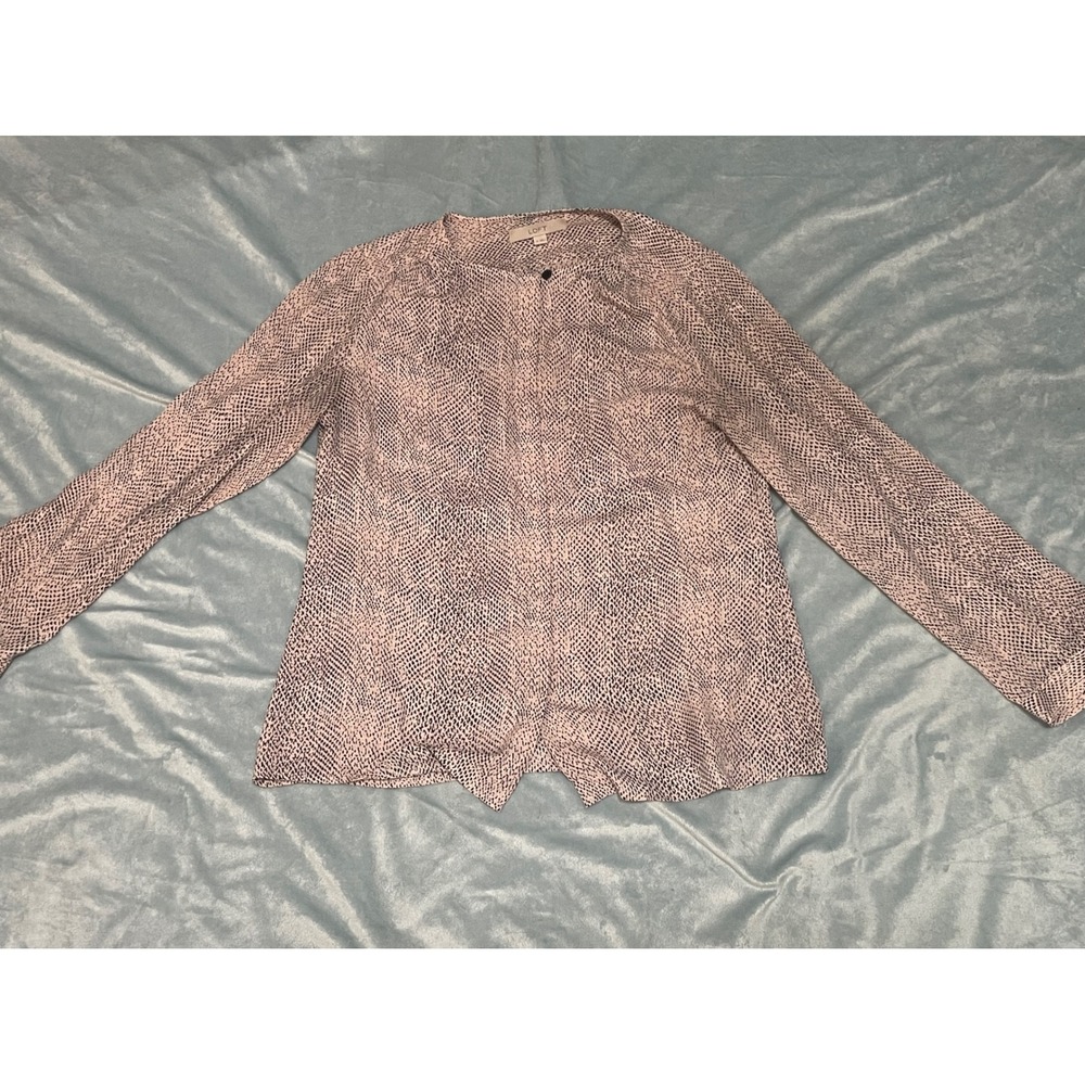 LOFT Women Pink Black Animal Print Hidden Button Down Blouse Long Sleeve Size S